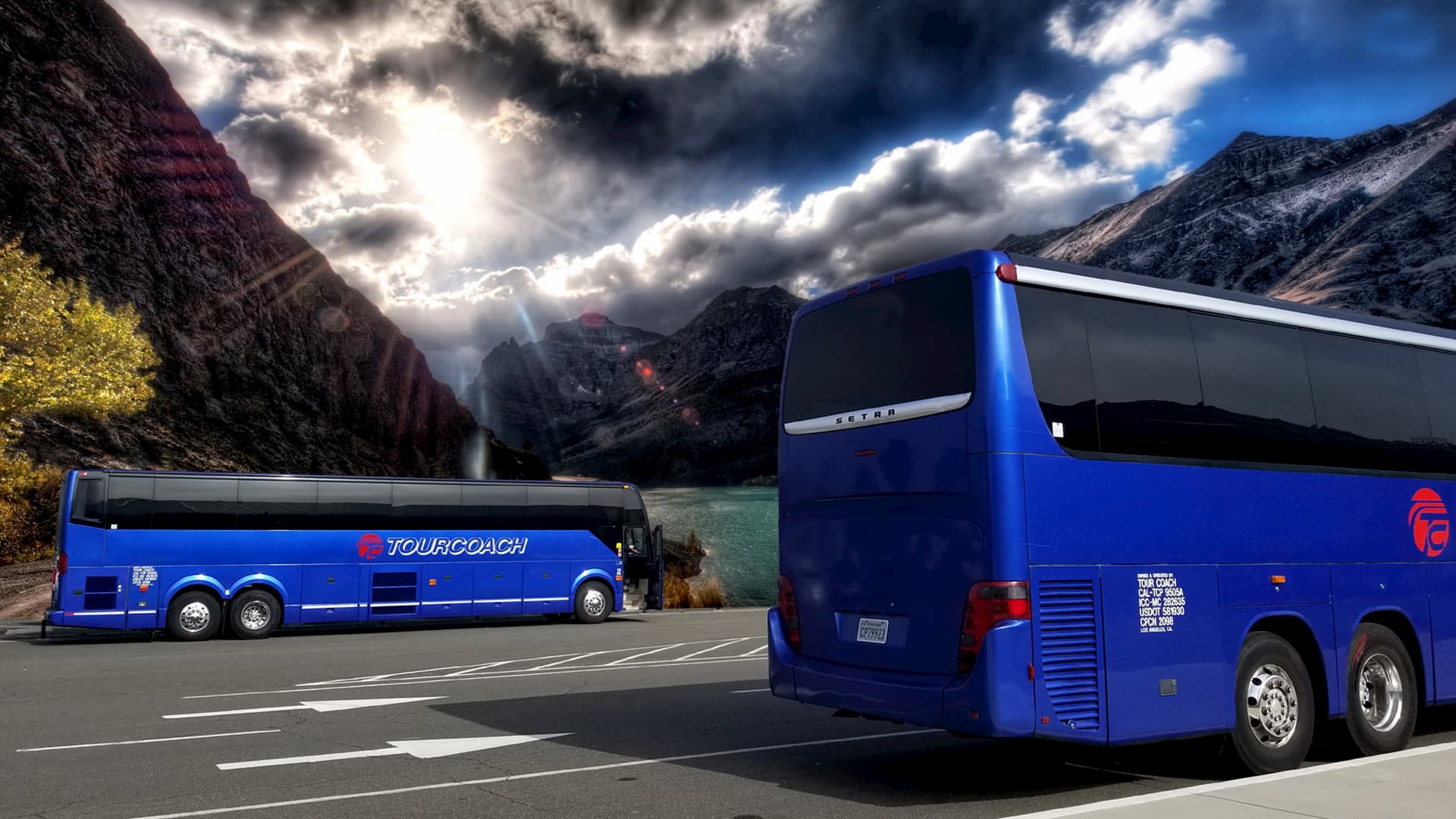Tour Coach Bus by a Mountain
